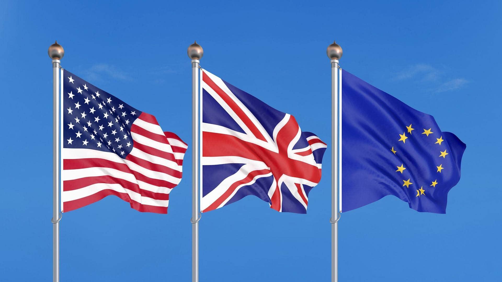 The US, UK and EU flags. Post-pandemic, banks need to rethink how they support global trade.
